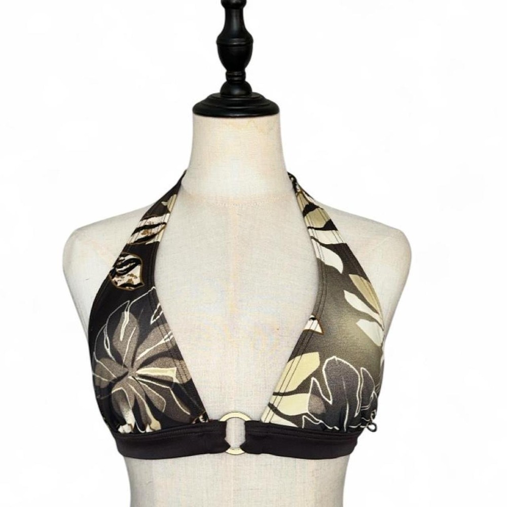 La Vie en Rose Aqua Bikini Top Women Small Brown Floral Gold O-Ring Halter Y2K